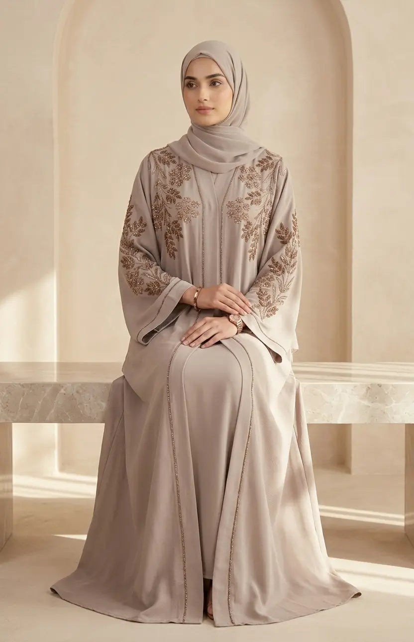 Golden Garden Hand-Embroidered Luxury Abaya - seated view