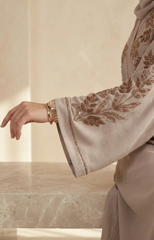 Golden Garden Hand-Embroidered Luxury Abaya - shoulder embroidery close-up